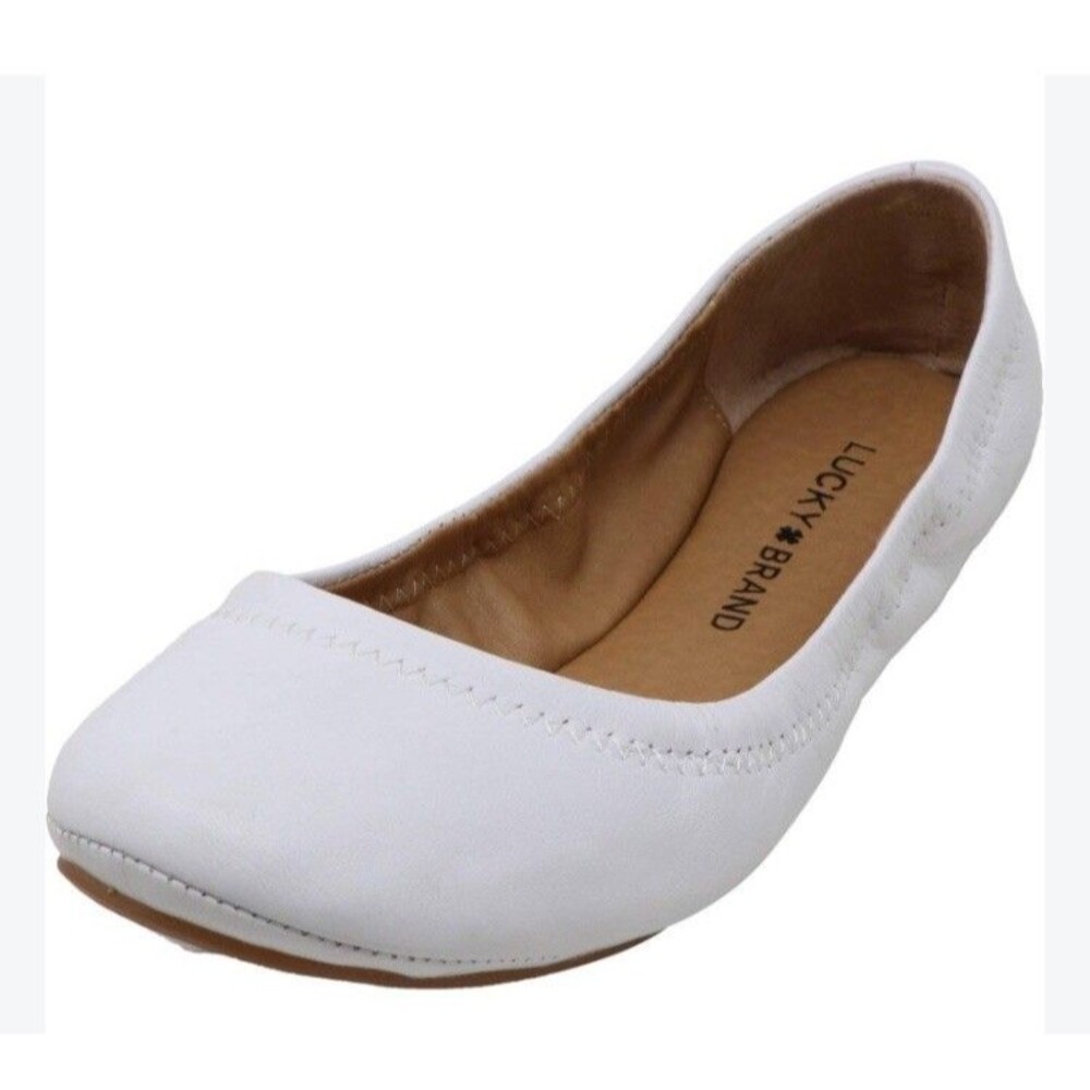 Lucky Brand Emmie Ballet Flat White Leather Size W 7.5 Preppy Classic NEW